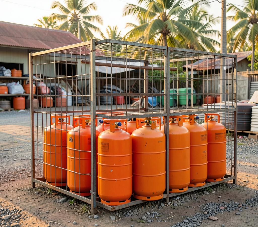 Orange LPG cylinders stored safely in a cage