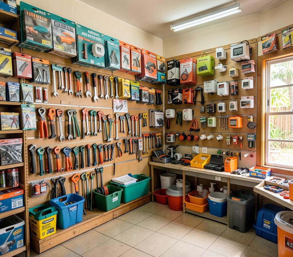 Organized wall of tools and hardware supplies