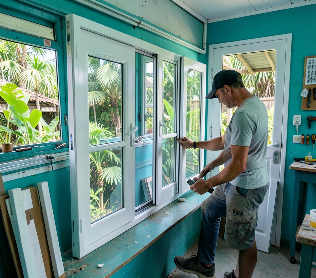 Craftsperson fitting a PVC glass window